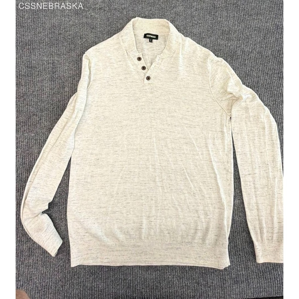 Express Beige Off White Men Henley Sweater Long Sleeve Button Knit Pullover - XL